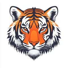 A fierce orange and black illustrated tiger head, showcasing its intense gaze and intricate fur details.