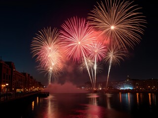 Colorful fireworks exploding over cityscape at night