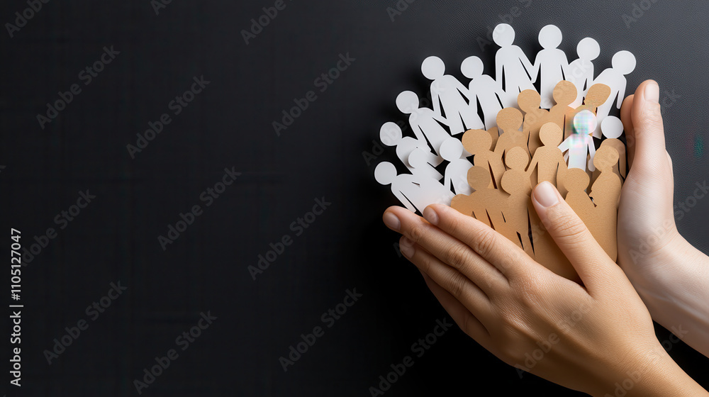 Poster symbolic hands holding diverse paper cut figures representing community unity and support. this conv