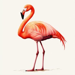 A vibrant pink flamingo stands elegantly, showcasing its unique plumage and long legs against a light background.