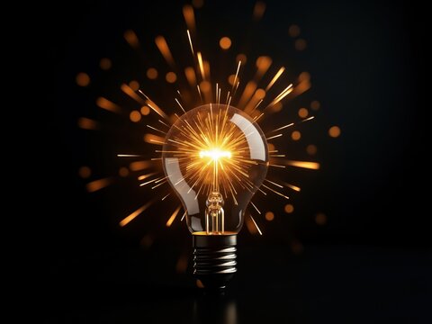 Bright light bulb exploding with creative energy and sparks on black background