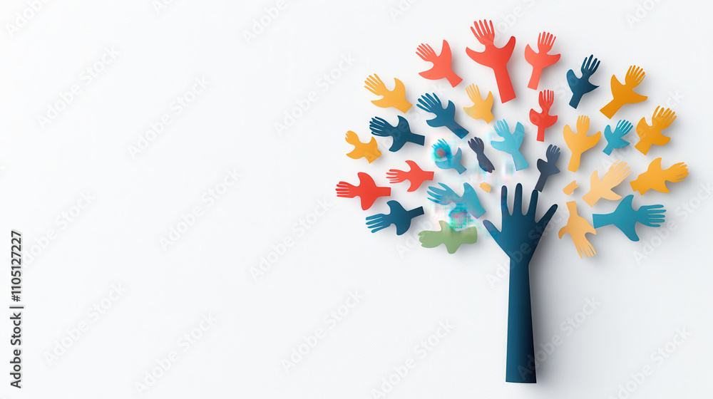 Aufkleber symbolic paper cut hands forming colorful tree, representing unity and community. this creative desi