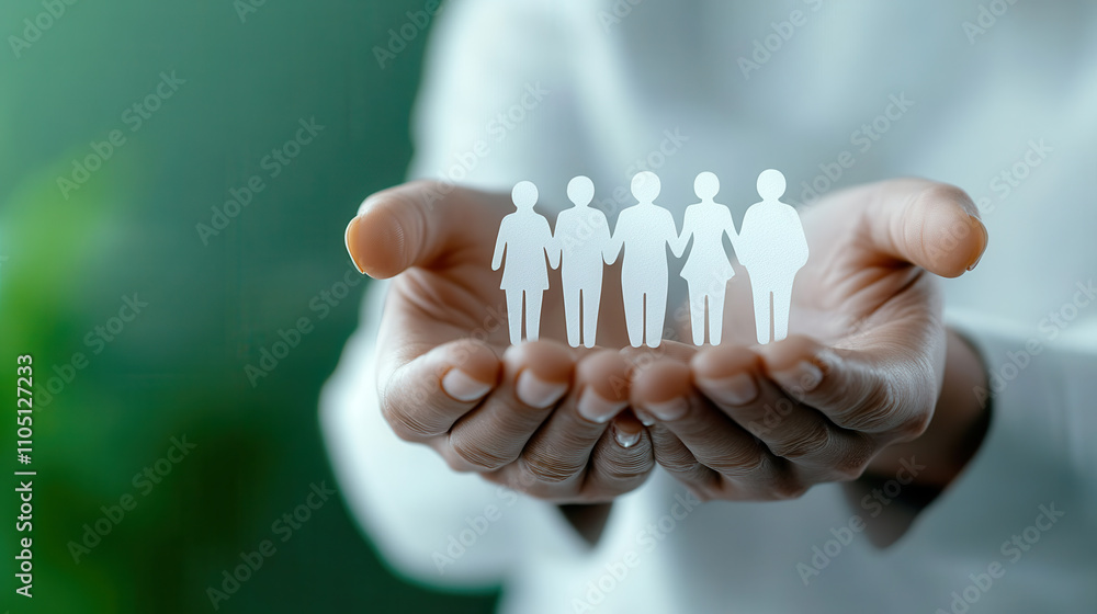 Poster empathetic hands symbolically holding figures representing community and support. this conveys unity