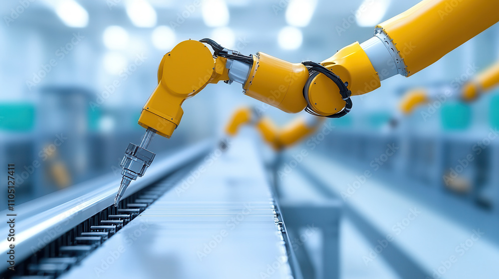 Poster robotic arms in factory setting, showcasing automation and precision in manufacturing. advanced tech