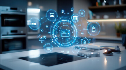 Smart home technology with integrated devices enhancing daily life in modern kitchen. holographic display shows various connected appliances and features for convenience