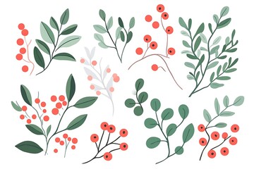Branch with leaves and red berries. Hand drawn floral collection