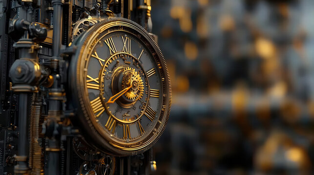 Steampunk clock with intricate details, featuring golden gears and Roman numerals, showcasing blend of vintage and industrial design, evoking sense of nostalgia and wonder