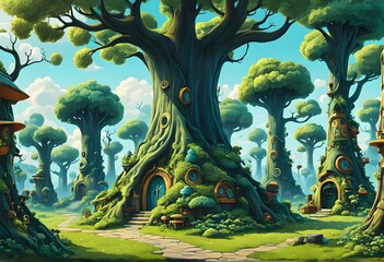 Obraz premium A valley of talking trees with expressive faces and quirky accessories, Ai Generated