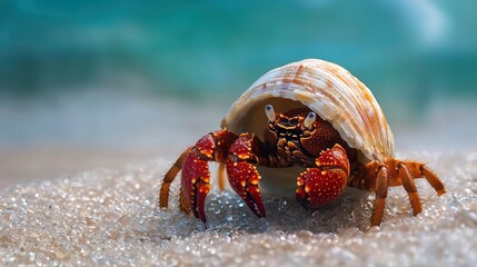 Colorful Crab Emerging from Shell on Sandy Beach Background