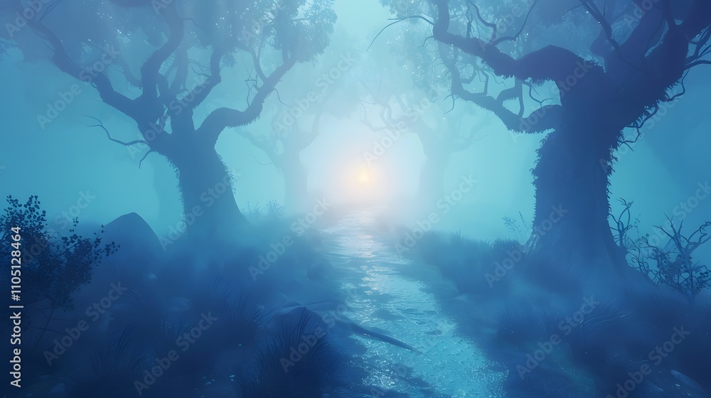 Poster mystical stream flows through foggy forest trees