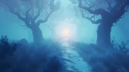 Fototapeta premium Mystical Stream Flows Through Foggy Forest Trees