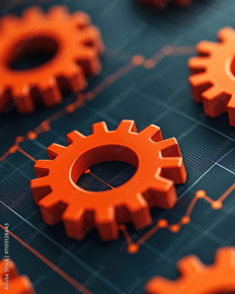 Poster a close-up of vibrant orange gears set against a dark background with data patterns, symbolizing tec