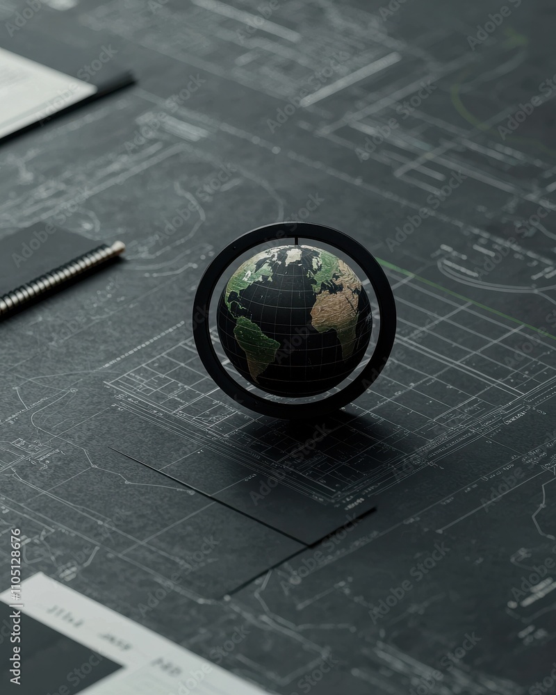 Poster a globe rests on a dark, patterned surface, surrounded by design elements, symbolizing global connec