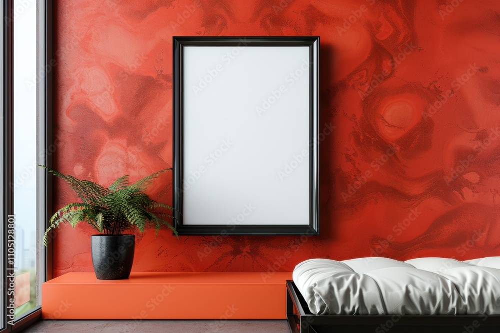 Poster a black frame mockup on an orange floating shelf, tilted. viewed from side angle, window reflection 