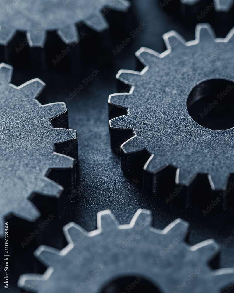 Poster close-up of metal gears interlocking, showcasing their intricate design and mechanical precision in 