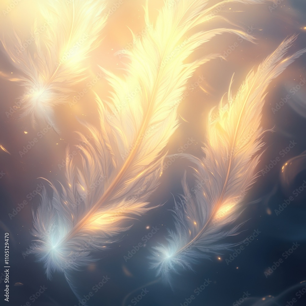 Poster delicate golden feathers gently floating through a soft, ethereal background of light and warmth.