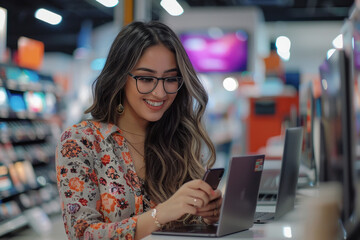 Fototapeta premium woman using laptop in mall