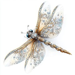Fototapeta premium A stunning, intricately designed dragonfly with sparkling jewels and elegant colors, embodying grace and beauty.
