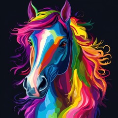A vibrant, multicolored horse with a flowing mane, showcasing a rainbow of hues against a dark background.