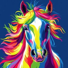 A vibrant, colorful rainbow horse with flowing mane against a deep blue background, exuding a whimsical vibe.