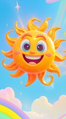 Fototapeta premium Cheerful and Smiling Sun Cartoon Character in a Vibrant Colorful Sky with Clouds and Rainbow Background Whimsical Positive and Optimistic for Weather Nature or Graphic Design