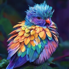 Fototapeta premium A vibrant, colorful bird showcasing an array of rainbow feathers, perched on a leafy branch in a lush setting.