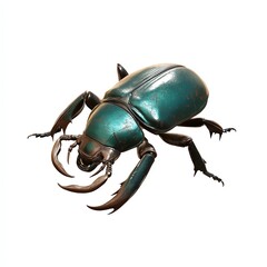 Fototapeta premium A vibrant green beetle with a glossy shell and prominent horns, showcasing the intricate details of its exoskeleton.