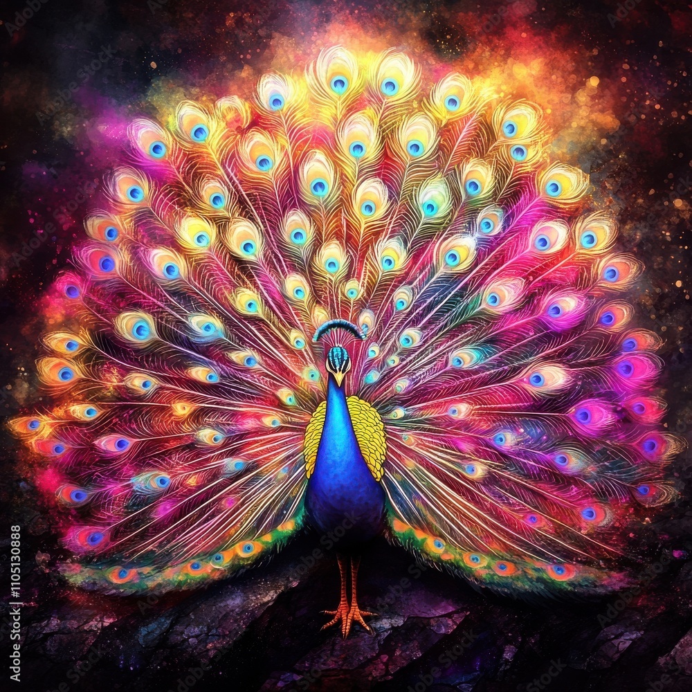 Poster a vibrant peacock displaying its colorful feathers, showcasing a mesmerizing array of blue, gold, an