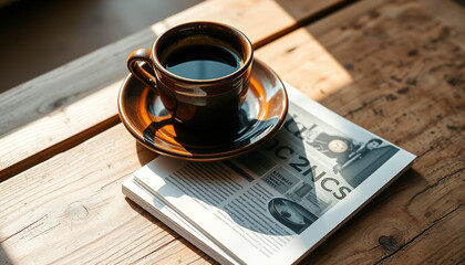 Morning coffee in a ceramic cup on a rustic table with a world map