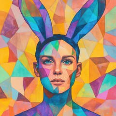 A young woman with rabbit ears, featuring a colorful geometric face in vibrant hues against a bright background.