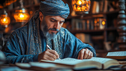Middle-aged man writing in a dimly lit library, wearing traditional middle eastern clothing