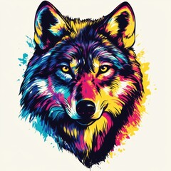 A vibrant, artistic depiction of a wolf's face, showcasing bold colors and striking features.