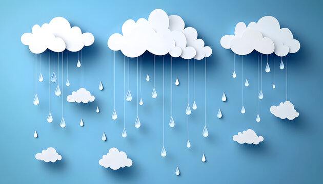 Paper cut with monsoon season banner. Clouds and drops rain on blue background. Vector illustration