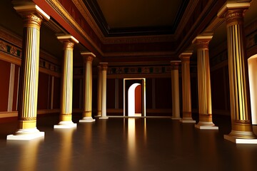 Fototapeta premium Majestic grand hall with golden columns and a skylight, offering a magnificent view of the sky.