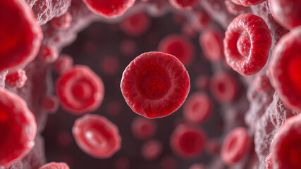 Red blood cells in an artery or blood vessel , flow inside body, medical human health-care. 3D Rendering.Blood cells in motion within an artery.