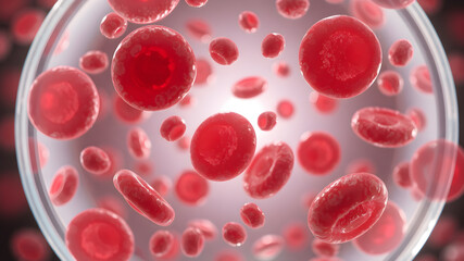 Red blood cells in an artery or blood vessel , flow inside body, medical human health-care. 3D Rendering.Blood cells in motion within an artery.