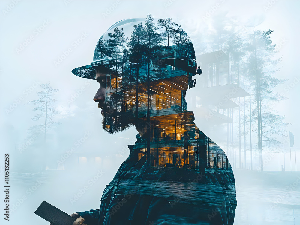 Poster A double exposure image of a worker with a forest backdrop, blending nature and industry.