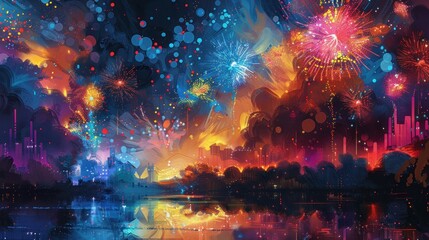 Vibrant fireworks display over a city reflecting on a lake at night.