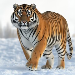 Naklejka premium A majestic Bengal tiger walking gracefully through the snow, showcasing its powerful build and striking orange coat.