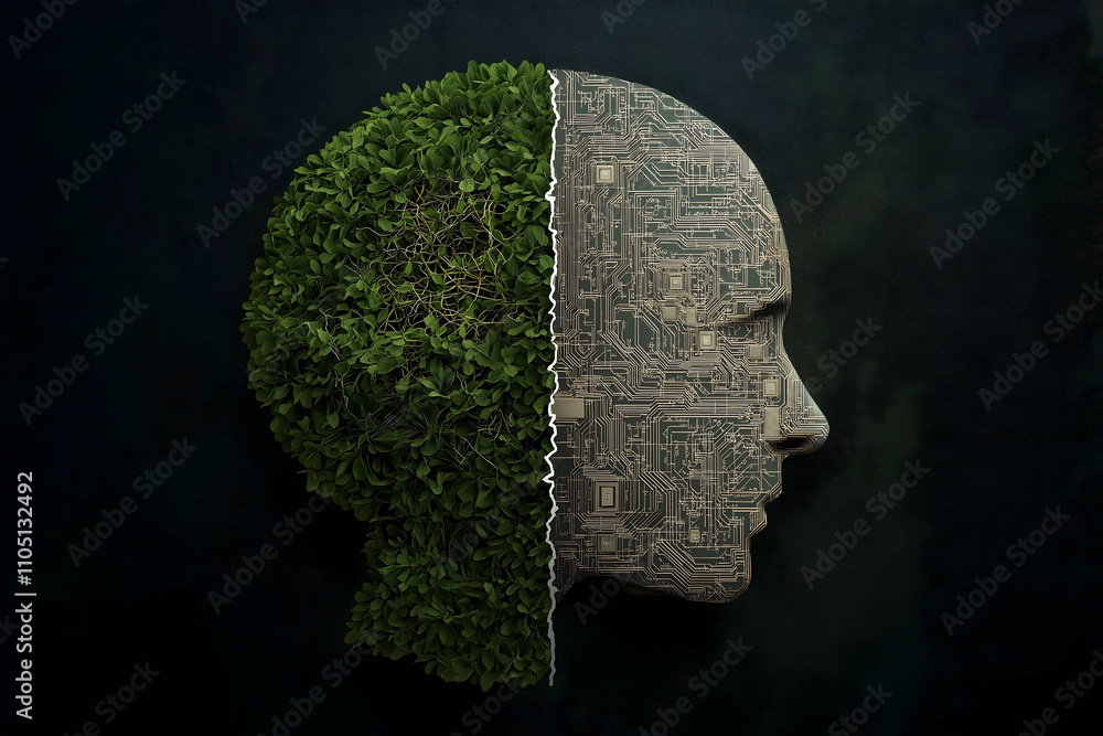 Poster a profile silhouette split between lush greenery and intricate circuitry, symbolizing the intersecti