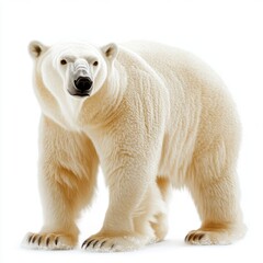 A majestic polar bear stands confidently, showcasing its thick white fur and powerful stance in a snowy environment.