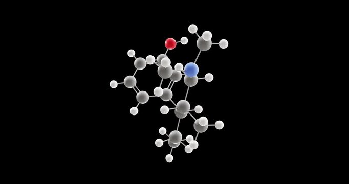 Tapentadol molecule, rotating 3D model of opiate agonists, looped video on a black background