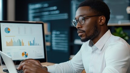 Focused Businessman Analyzing Data on Laptop