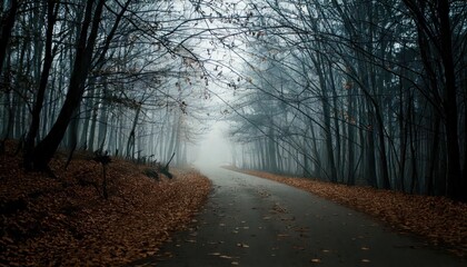 Obraz premium Mysterious Dark Autumn Forest In Fog With Road, Trees And Branch 
