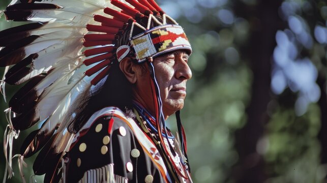 Portrait of an American Indian man wearing traditional clothing and headdress, in profile view.