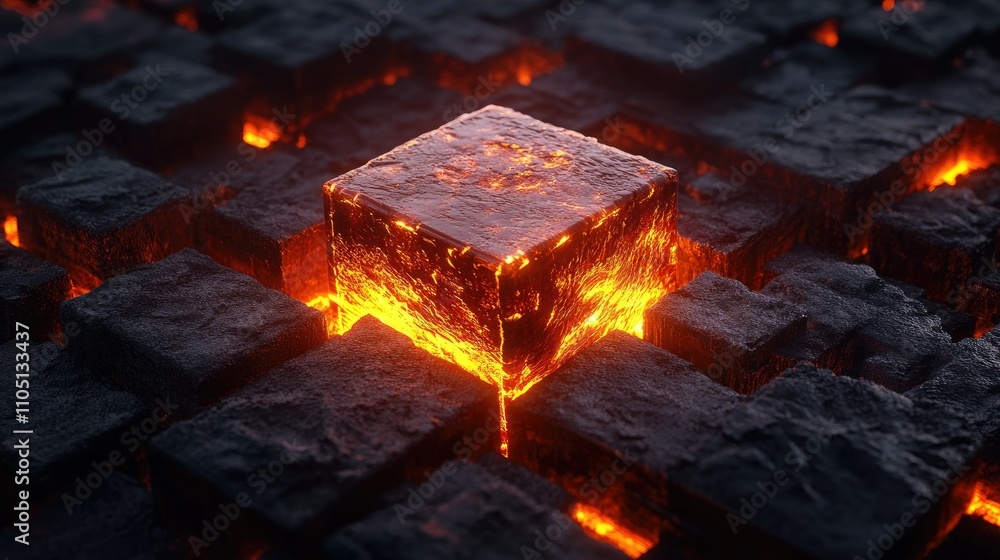 Poster A glowing central cube embedded in a field of dark, charred blocks, radiating intense heat and light, symbolizing energy amidst desolation.