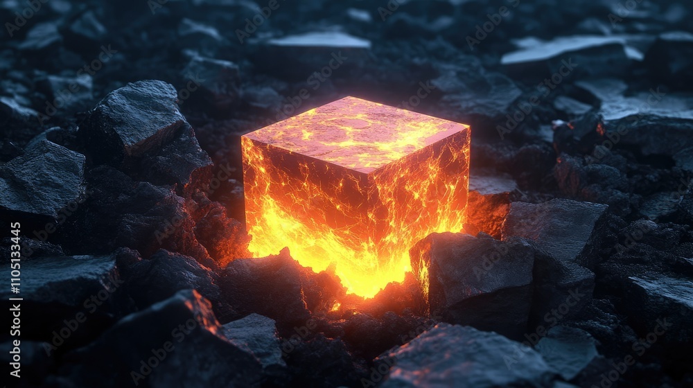 Poster A glowing central cube embedded in a field of dark, charred blocks, radiating intense heat and light, symbolizing energy amidst desolation.