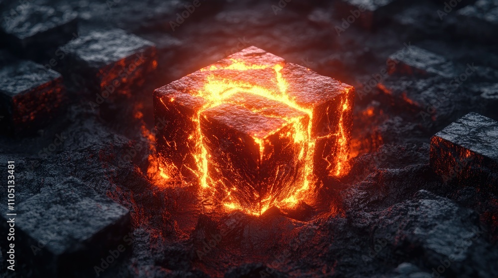 Poster A glowing central cube embedded in a field of dark, charred blocks, radiating intense heat and light, symbolizing energy amidst desolation.