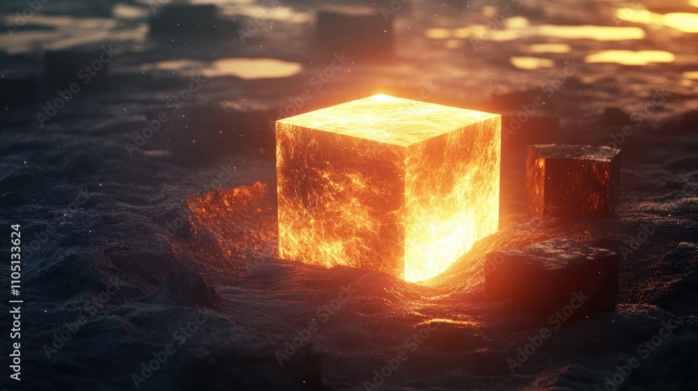 Aufkleber a glowing cube surrounded by dark blocks, emitting intense light and heat, representing power and en