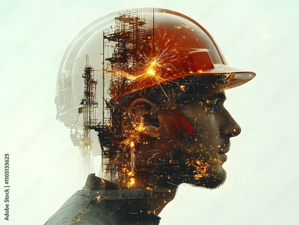 Poster A double exposure image of a worker with an industrial backdrop, symbolizing connection to technology.